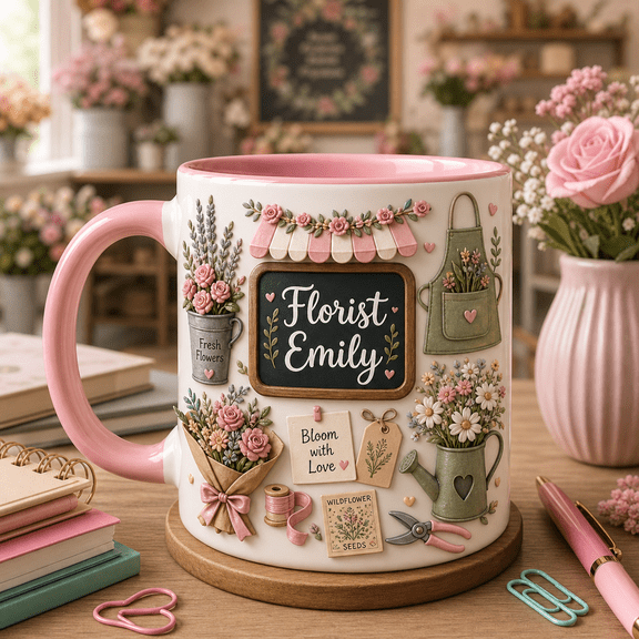 Florist Mug Custom Name Coffee Cup, Pink Flower Shop Gift for Florists