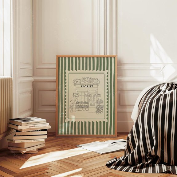 Florist Stripe Print: Green Flower Shop Vintage Hand Drawn Sketch Aesthetic French Wall Art Trendy Decor Physical Print