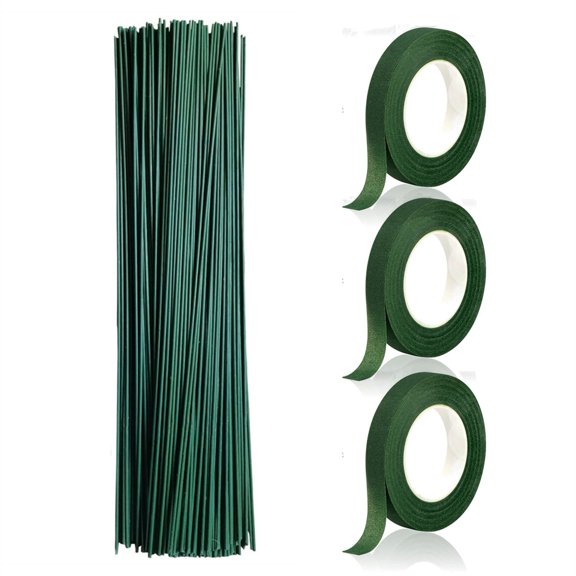 Florist Wrap Kit Include 20 Pcs 16 in Flower Stem Wire and 3 Rolls Floral Arrangement Tape Dark Green Floral Tools for Wreath Bouquet Making Wedding Birthday Valentine's Day Use Topboutique