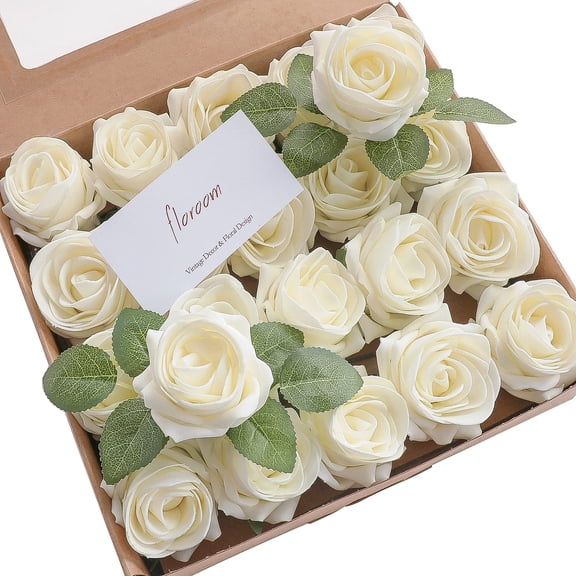 Floroom Artificial Flowers 20pcs Real Looking Ivory High-Centered Foam Fake Roses with Stem for DIY Wedding Bouquets Bridal Shower Centerpieces Floral Arrangements Party Tables Home Decorations Y102