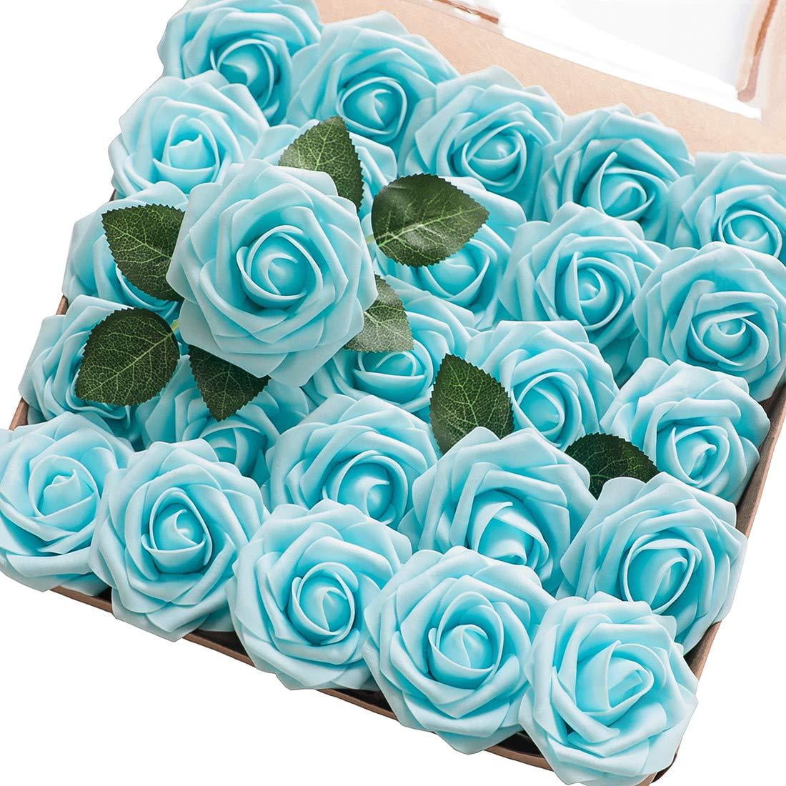 Floroom 25pcs Aqua Blue Artificial Roses with Stems, Real Looking for ...