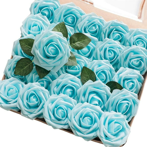 Home Express Flowers 25pcs Real Looking Aqua Blue Fake Roses with Stems for DIY Wedding Bouquets Baby Shower Centerpieces Floral Arrangements Party Tables Home Decorations