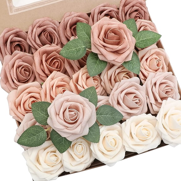 Floroom Artificial Flowers 25pcs Real Looking Morandi Peach Ombre Colors Foam Fake Roses with Stems for DIY Wedding Bouquets Bridal Shower Floral Centerpieces Party Tables Home Decorations