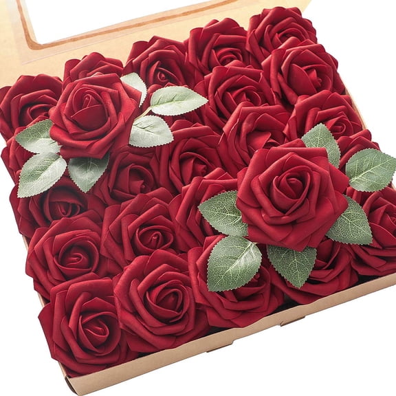 Floroom Artificial Flowers 50pcs Real Looking Dark Red Foam Fake Roses with Stems for DIY Wedding Bouquets Bridal Shower Centerpieces Floral Arrangements Party Tables Home Decorations Y102