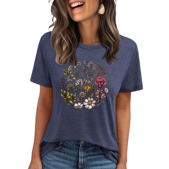 Floruhand Vintage Flowers Crew Neck Shirt for Women Boho Floral Wildflowers Graphic Tee Casual Summer T Shirt