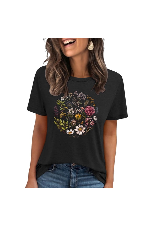 Vintage Flowers Crew Neck Shirt for Women Boho Floral Wildflowers Graphic Tee Casual Summer T Shirt