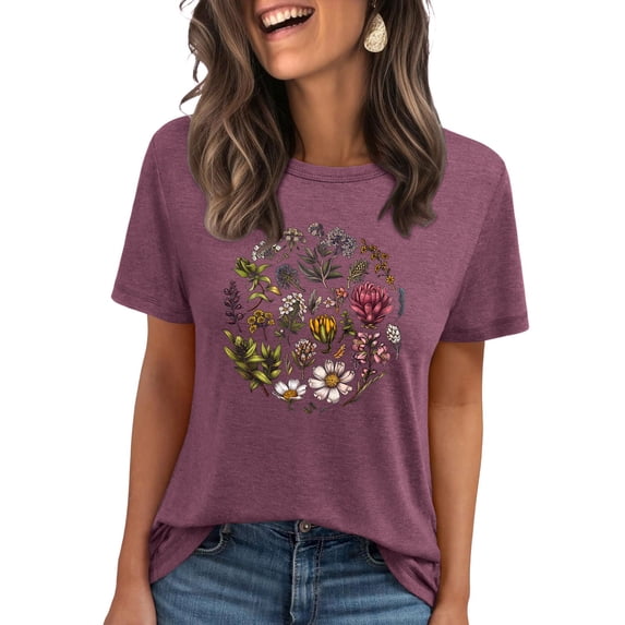 Floruhand Vintage Flowers Crew Neck Shirt for Women Boho Floral Wildflowers Graphic Tee Casual Summer T Shirt