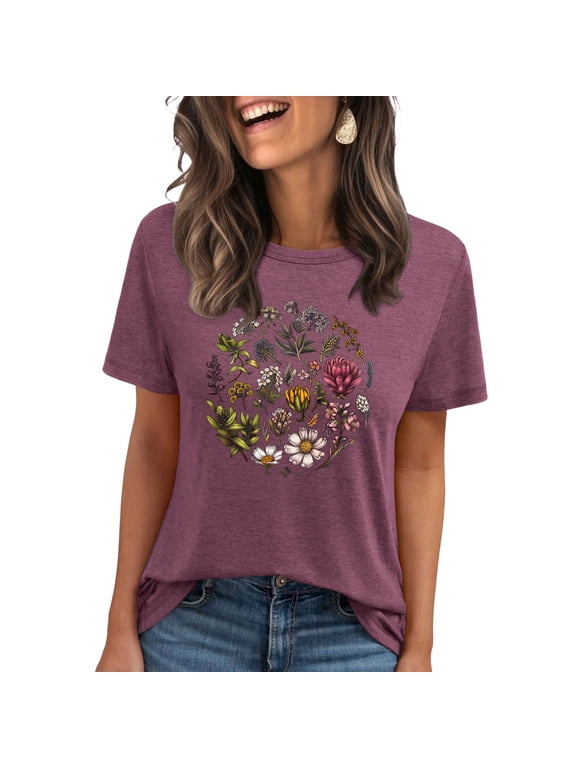 Vintage Flowers Crew Neck Shirt for Women Boho Floral Wildflowers Graphic Tee Casual Summer T Shirt