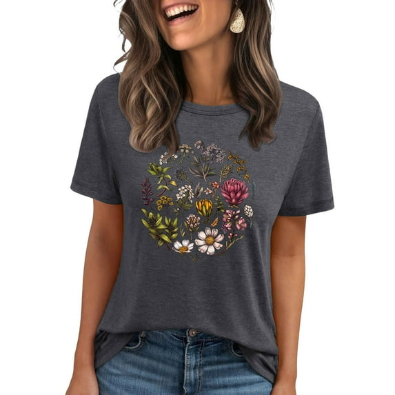 Floruhand Vintage Flowers Crew Neck Shirt for Women Boho Floral Wildflowers Graphic Tee Casual Summer T Shirt