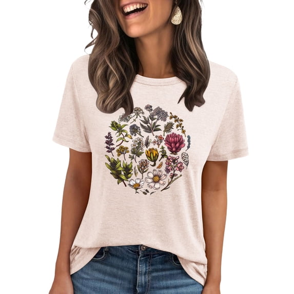 Floruhand Vintage Flowers Crew Neck Shirt for Women Boho Floral Wildflowers Graphic Tee Casual Summer T Shirt