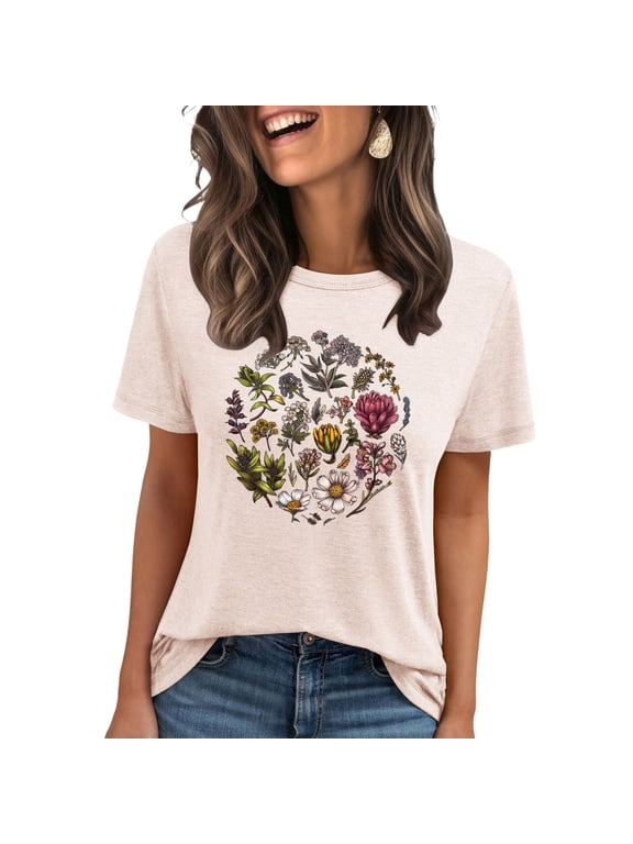 Vintage Flowers Crew Neck Shirt for Women Boho Floral Wildflowers Graphic Tee Casual Summer T Shirt