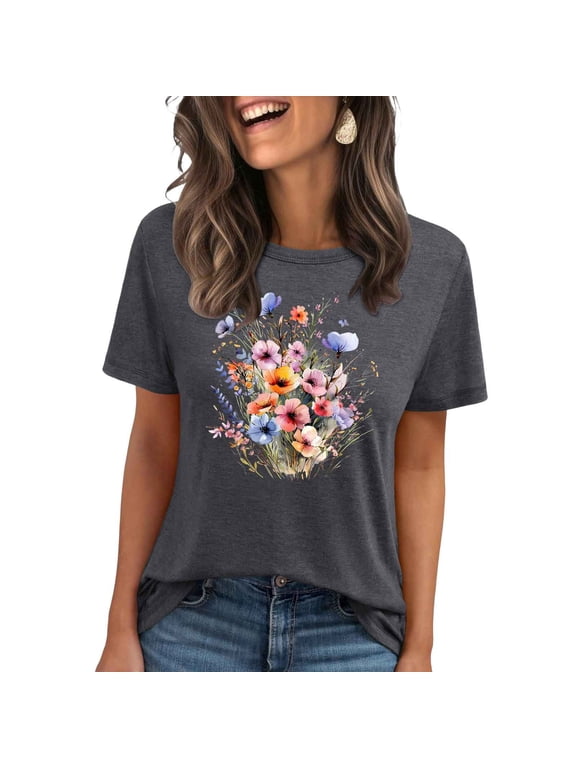 Women's Boho Flower T Shirt Vintage Flowers Printed Shirt Colorful Wildflower Graphic Tee Casual Botanical Short Sleeve