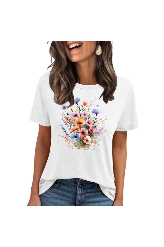 Women's Boho Flower T Shirt Vintage Flowers Printed Shirt Colorful Wildflower Graphic Tee Casual Botanical Short Sleeve