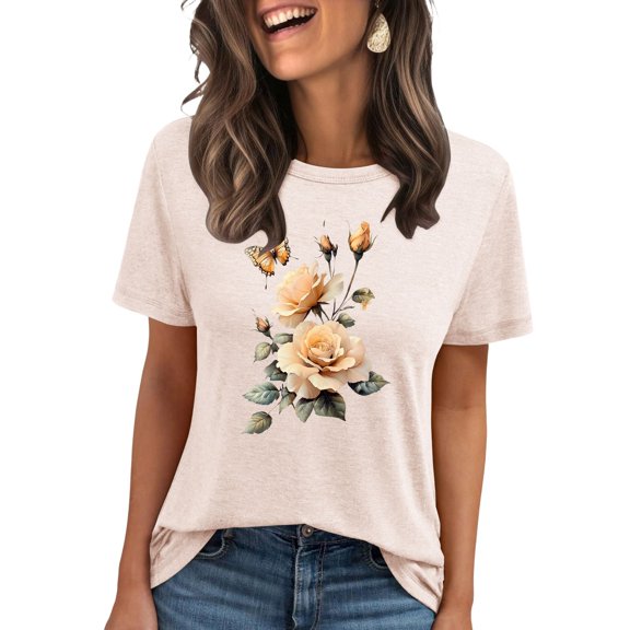 Floruhand Women's Boho Flower T Shirt Vintage Flowers Printed Shirt Graphic Tee Casual Botanical Short Sleeve Tops