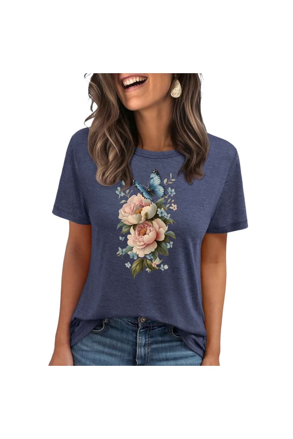 Women's Floral Graphic Tees Short Sleeve Casual T-Shirts Boho Style Cute Summer Loose Fit Tops