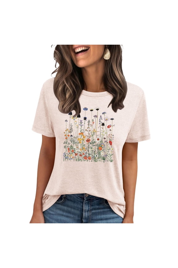Women's Funny Boho Floral Crewneck T-Shirt Vintage Wildflowers Graphic Short Sleeve Tee Summer Shirts