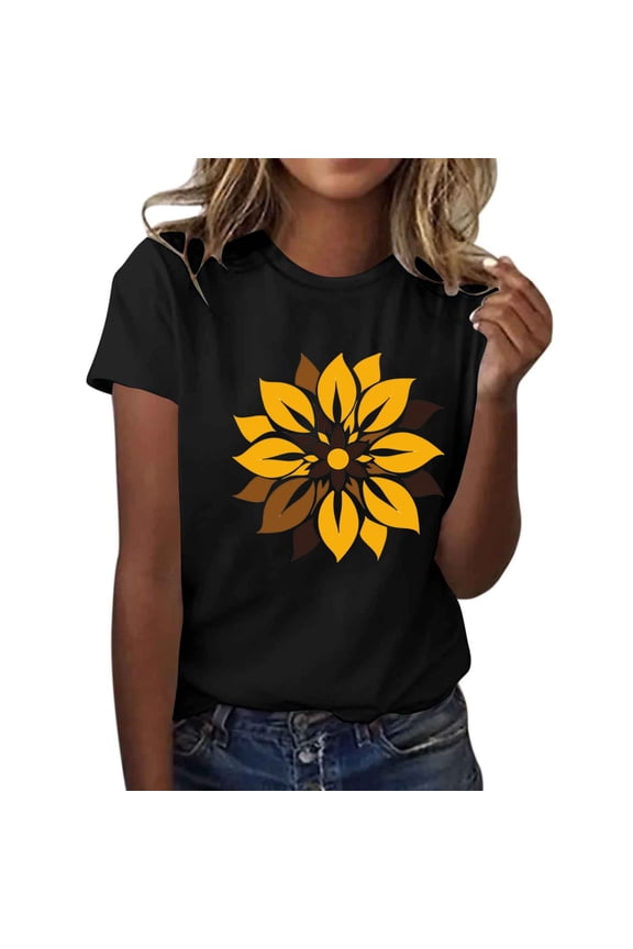 Women's T Shirts Short Sleeve Tees Sunflower Graphic Loose Summer Tops Round Neck Printed Casual Tops