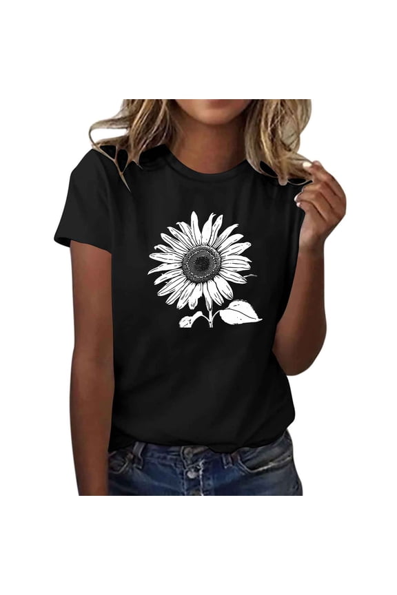 Women's T Shirts Short Sleeve Tees Sunflower Graphic Loose Summer Tops Round Neck Printed Casual Tops