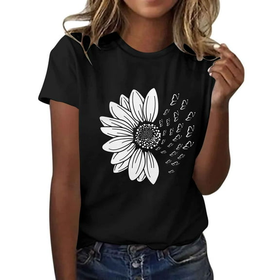 Floruhand Women's T Shirts Short Sleeve Tees Sunflower Graphic Loose Summer Tops Round Neck Printed Casual Tops