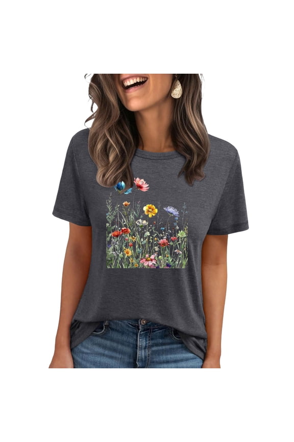 Women's Vintage Floral T Shirt Boho Wildflower Graphic Loose Tees Short Sleeve Casual Tops Summer Shirts