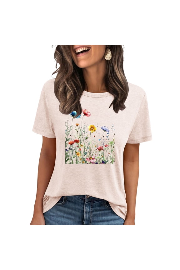 Women's Vintage Floral T Shirt Boho Wildflower Graphic Loose Tees Short Sleeve Casual Tops Summer Shirts