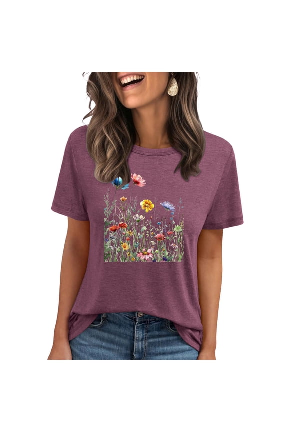 Women's Vintage Floral T Shirt Boho Wildflower Graphic Loose Tees Short Sleeve Casual Tops Summer Shirts