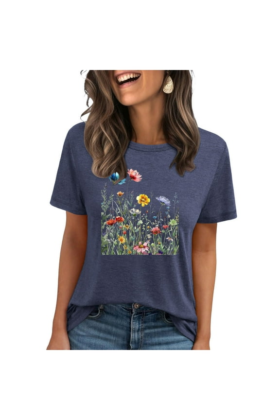 Women's Vintage Floral T Shirt Boho Wildflower Graphic Loose Tees Short Sleeve Casual Tops Summer Shirts