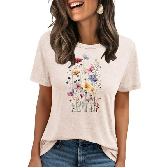 Floruhand Women's Vintage Flowers Shirt Casual Boho Floral Printed T-Shirt Sunflower Wildflowers Graphic Tees Tops for Girl