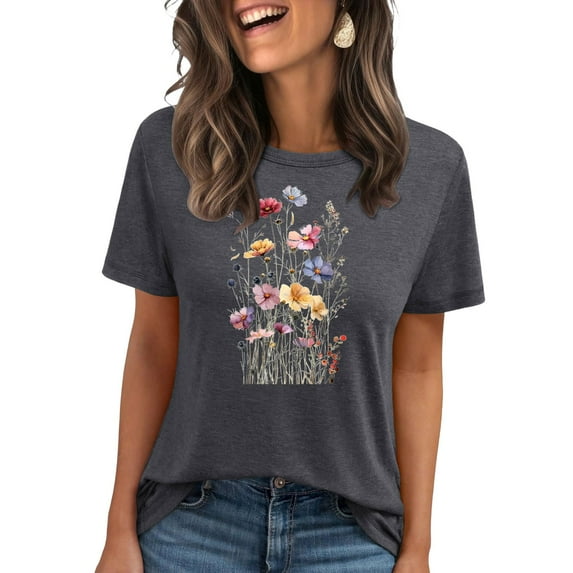 Floruhand Women's Vintage Flowers Shirt Casual Boho Floral Printed T-Shirt Sunflower Wildflowers Graphic Tees Tops for Girl