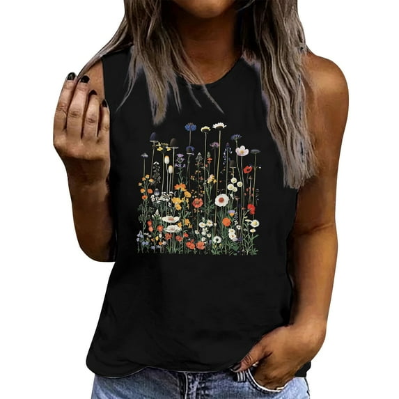 Floruhand Womens Vintage Flowers Tank Casual Boho Wildflowers Graphic Tees Summer Vest Tops Sleeveless Shirts