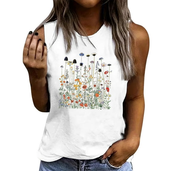 Floruhand Womens Vintage Flowers Tank Casual Boho Wildflowers Graphic Tees Summer Vest Tops Sleeveless Shirts