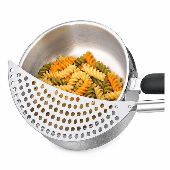 Florvian 2026 New 14.372.60.63Inch Crescent Pot Strainer Stainless Steel Grease Pasta Strainer Insert Drainer with Handheld for Different Pot Pan Kitchen Tool -Silver