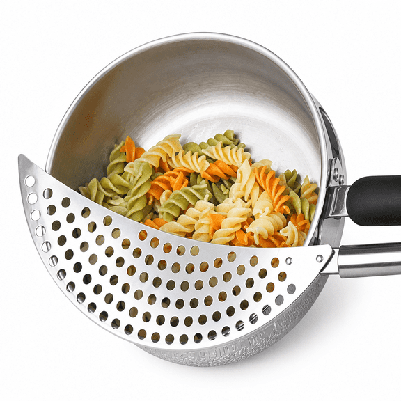 Florvian 2026 New 14.372.60.63Inch Crescent Pot Strainer Stainless Steel Grease Pasta Strainer Insert Drainer with Handheld for Different Pot Pan Kitchen Tool -Silver