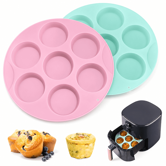 Florvian 2026 New 2 Pack Silicone Egg Bite Molds for Air Fryer, Nonstick 7 Cups Air Fryer Muffin Pan for Baking Egg Bite, Mini Muffins, Tart, Mini Cupcake and Quiche (Pink + Green)