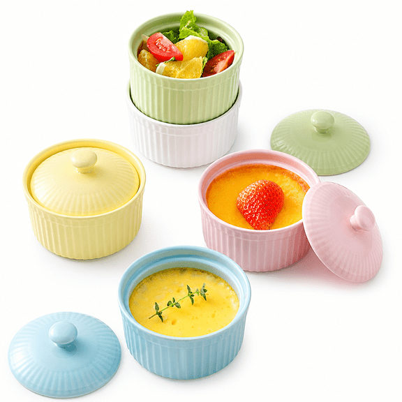 Florvian 2026 New Ceramic Bowl with Lid Ceramic Ramekins Ceramic Small Baking Bowl Pudding Cup Oven Usable Dessert Bowl Pot Tableware Baking Cup,For Baking,Desserts,Puddings,Kitchen,Home Use,Parties