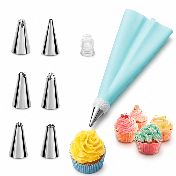 Florvian 2026 New Reusable Piping Bags and Tips Set with 6 Stainless Steel Icing Tips and 1 Silicone Pastry Bag 8 Piece for Cake Decorating, Baking, Cookies, Cupcakes, Desserts, Pastry Making