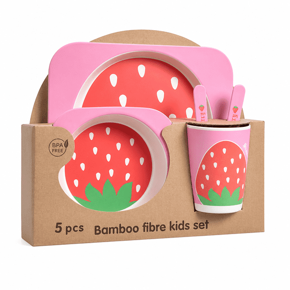 Florvian 5Pcs/Set Bamboo Kids Dinnerware Set - Children Dishes - BPA Free Food Plate Bowl Cup Spoon Fork Set Dishware,Cartoon Tableware - Strawberry