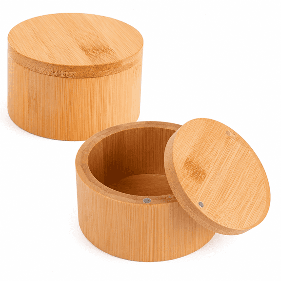 Florvian Bamboo Salt Cellar with Magnetic Swivel Lid Bamboo Storage Box with Swivel Magnetic Closure Lid Kitchen Salt Container Holder Round Salt Container To Storage Pepper Spice Bath Salt Sea Salt