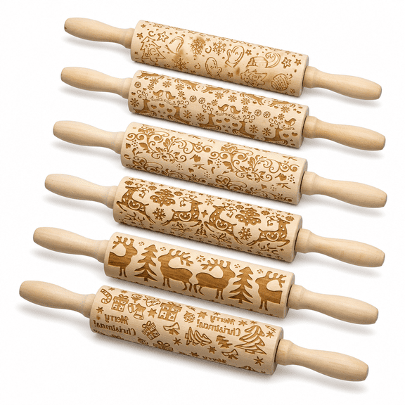 Florvian Christmas Wooden 3D Rolling Pins,Embossing Rolling Pin with Engraved Christmas Themed Symbols for Baking Embossed Cookies Rolling Pins for Baking