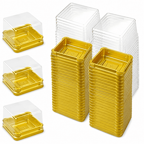 Florvian Set of 100 Clear Plastic Mini Boxes for Cupcakes with Dome,Individual Boxes for Weddings,Birthdays,Pastry,Dessert,Mooncake (Square,Golden)