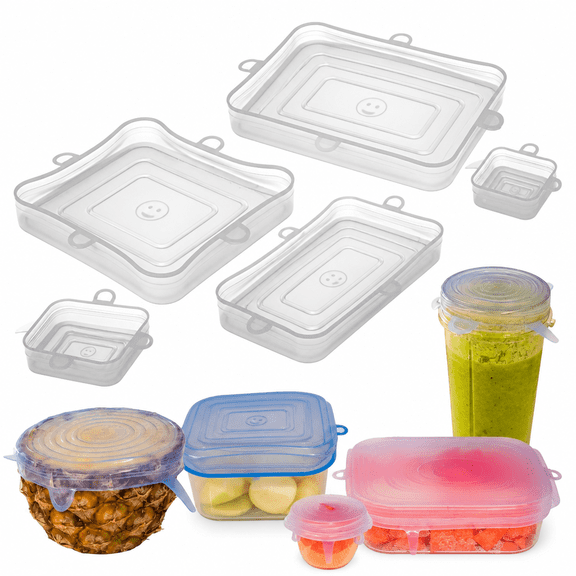Florvian Stretch Lids Silicone Food Storage Container Lids-Reusable Rectangular 6-Pack-Leak-Proof & Eco-Friendly Covers for Fresh Food Storage in Plastic Containers,Jars,Bins,Cups & Mason Bowls-White