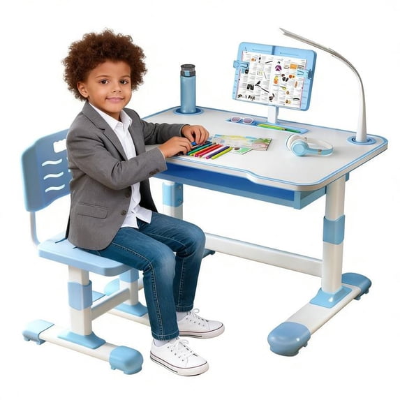 Floseru 2026 Upgraded Kids Desk and Chair Set, Kids Art Desk with Tiltable Reading Stand & LED Table Light, Bedroom Children Learning Table with Extra Large Drawer