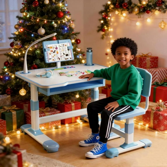 Floseru 2026 Upgraded Kids Desk and Chair Set, Kids Art Desk with Tiltable Reading Stand & LED Table Light, Bedroom Children Learning Table with Extra Large Drawer
