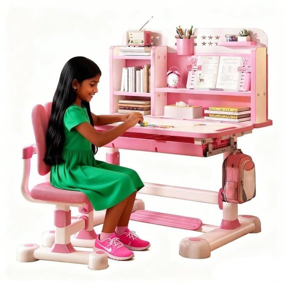 Floseru 2Pcs Kids Desk and Chair Set,Height Adjustable Children School Study Table Chair Set with Partition Design,Bookstand,Drawer,Ergonomic Desk Chair with Writing Board,Sitting Corrector