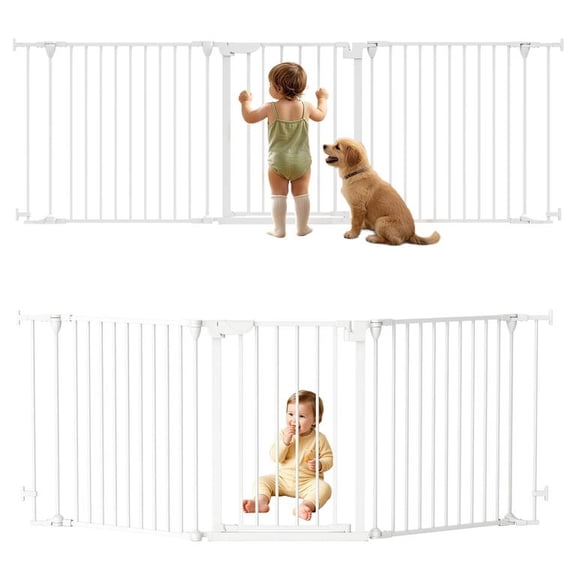 Floseru 3 Panel Foldable Pet Gate, Dog Safety Barrier 71 Inch Wide, Two-Way Opening 180° Auto Close, Sturdy Carbon Steel, for Fireplace Stairwell