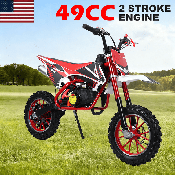Floseru 49CC Mini Dirt Bike For Children, 2-Stroke Gas Assisted Motorcycle with Front and Rear Disc Brakes Shock Absorbing Pocket Motorcycle 25 Mph Load 220 LBS