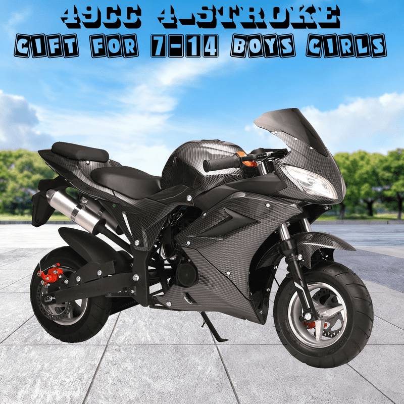 Floseru 49cc Gas Dirt Bike 4-Stroke Gas Power Motorcycle Mini Bike, Off Road Mini Motocross, Pocket Motorbike with Front Rear Disc Brakes, Racing Max Speed 25MPH, Dual Headlights