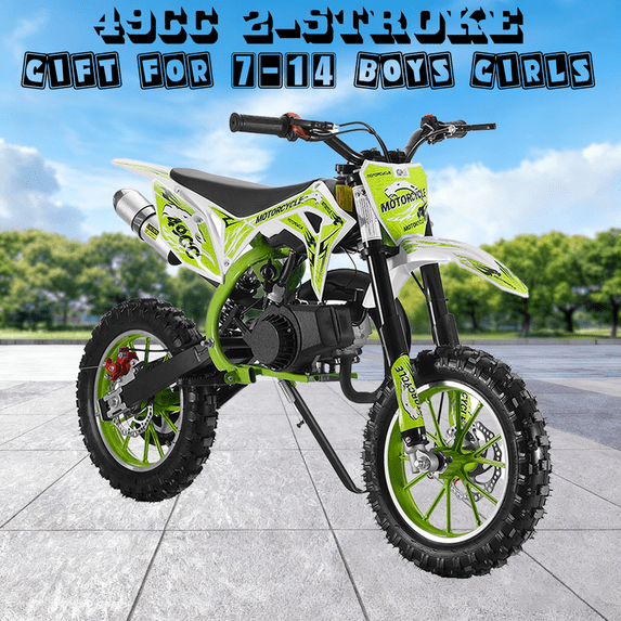 Floseru 49cc Gas Dirt Bikes, 2 Stroke Gas Motorcycle for Kids, Pocket Bike with Front Rear Disc Brakes, Off-Road Tires, Shock Absorption Springs, Soft Seat Cushion, Gas Dirt Bikes for Kids 6-12
