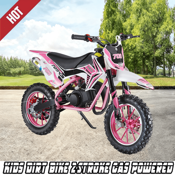 Floseru 49cc Kids Dirt Bike, 2-Stroke Gas Powered Mini Motocross Motorcycle for Ages 6-12, Off-Road Dirtbike with Dual Disc Brakes, Shock Absorption, 10-Inch Tires, Max Speed 30KM/H, Supports 220 LBS