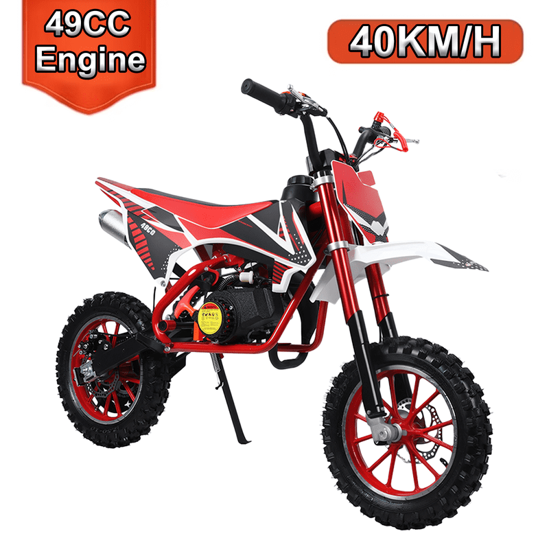 Floseru 49cc Kids Dirt Bike Gas Dirt Bike, 2-Stroke Motorcycle for Kids, Pull Start Dirt Bikes, 10" Big Wheel Minibike Motorbike with Front Rear Disc Brakes, Shock Absorption